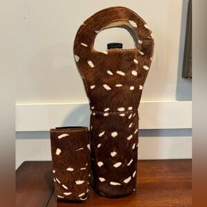 Spotted hide wine bottle tote carrier & coozie. Neoprene interior.